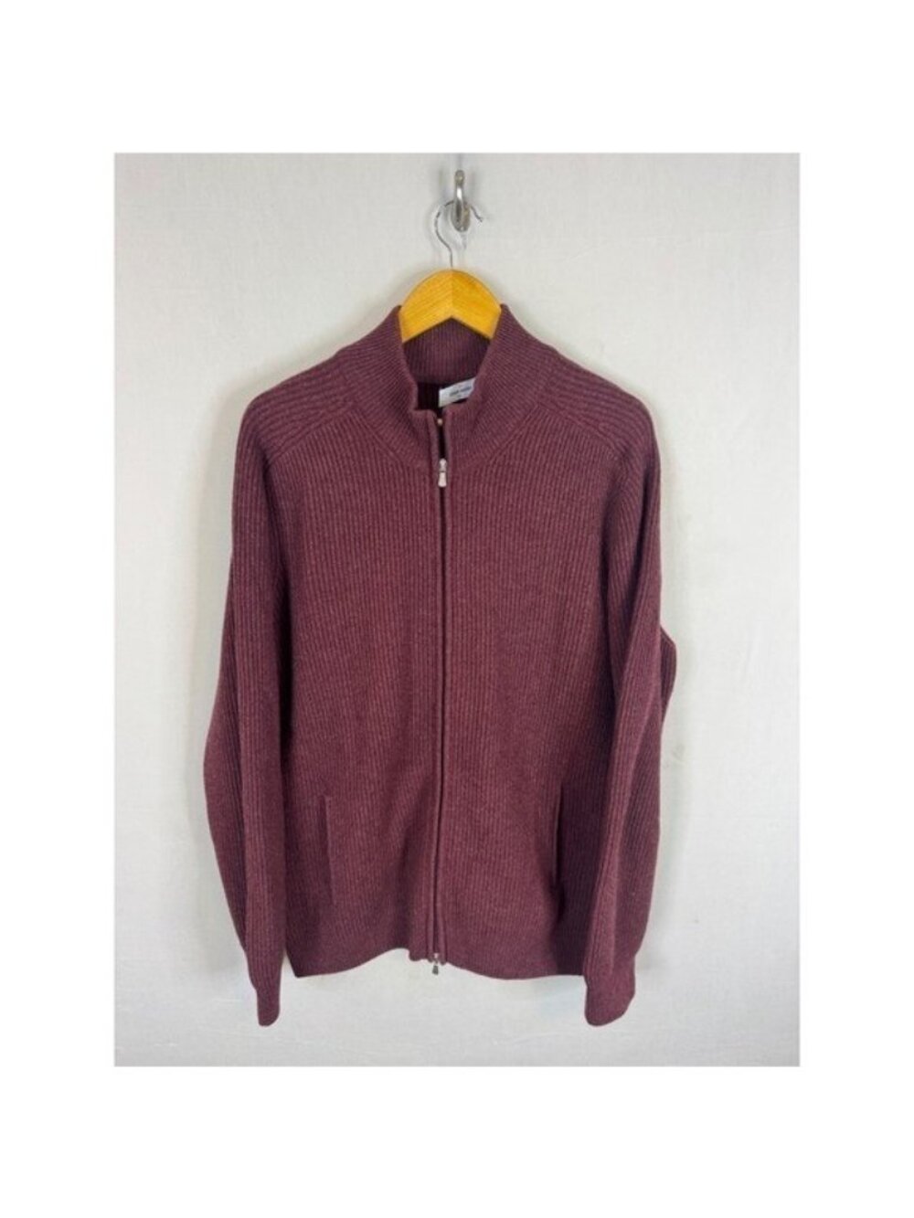 Gran Sasso Mens Full Zip Ribbed Cardigan Burgundy Wool Cashmere Italy XL